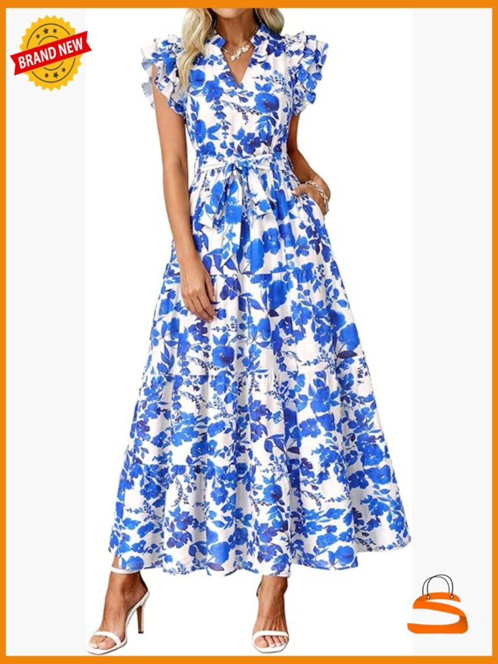 Women's Maxi Dress with Ruffle Sleeves and Pockets